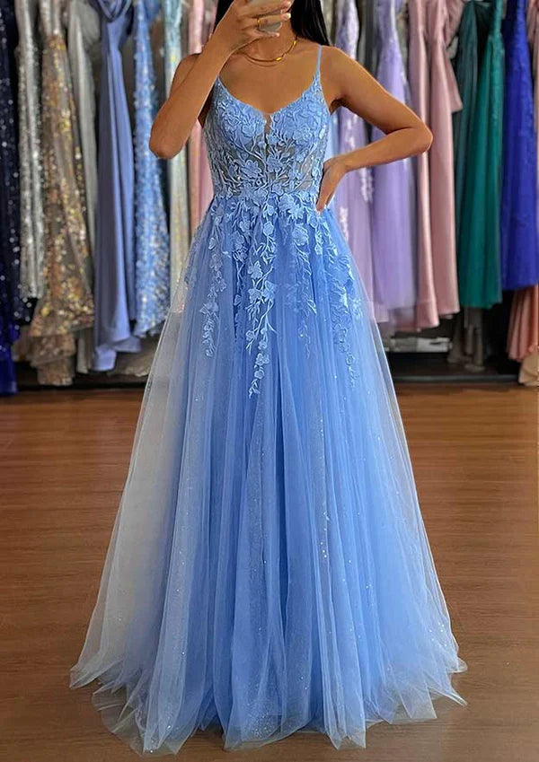 Robe Weitese A-Line col en V longue/longue au sol en tulle robe de soirée avec fente paillettes robe de bal